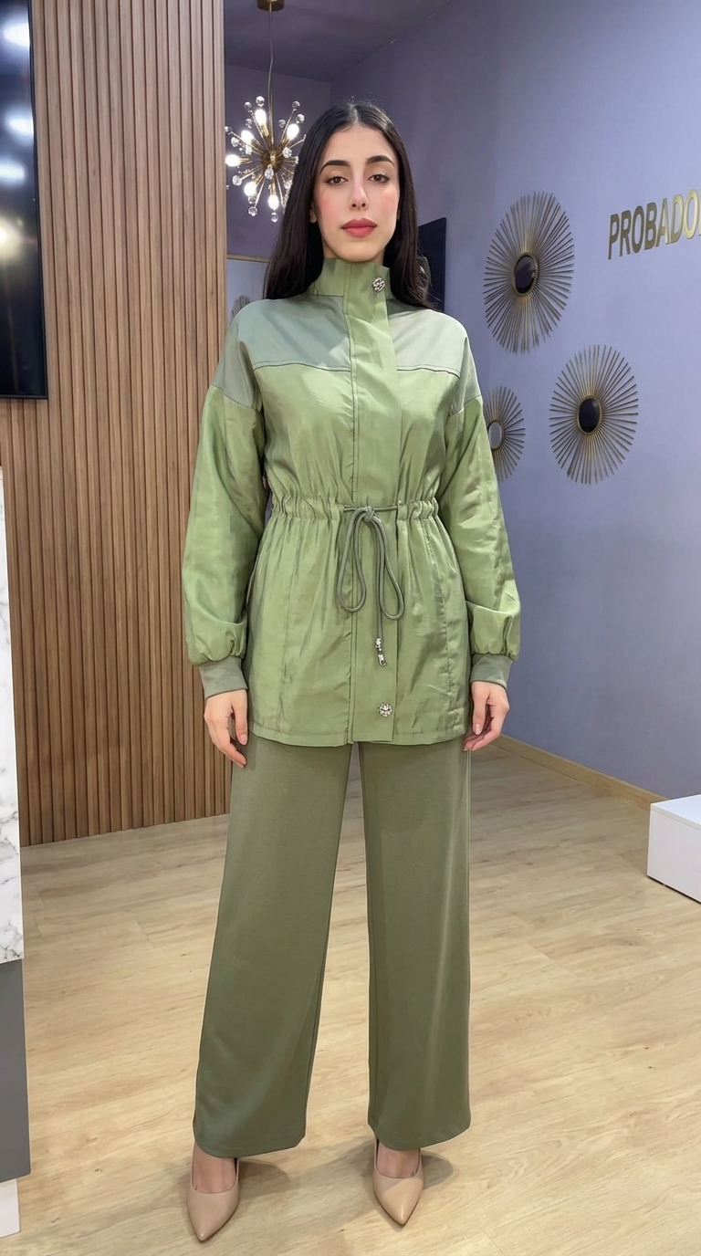 Ensemble femme vert deux pieces veste saharienne ceinturee et pantalon large fluide Orkidia Fashion Nador Ensemble femme vert deux pieces veste saharienne ceinturee et pantalon large fluide Orkidia Fashion Nador