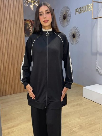 Ensemble femme noir deux pieces veste zippee a col montant et pantalon large fluide Orkidia Fashion Nador