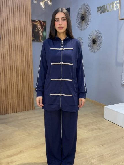 Ensemble femme bleu marine deux pieces veste zippee a capuche et pantalon large fluide Orkidia Fashion Nador