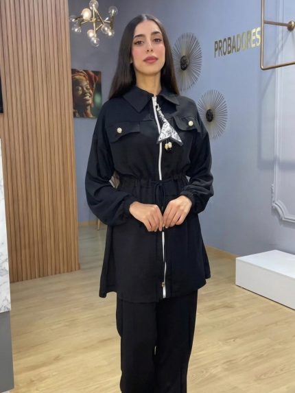 Ensemble femme noir deux pieces veste zippee a foulard imprime et pantalon large fluide Orkidia Fashion Nador