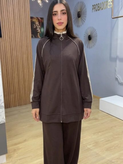 Ensemble femme marron deux pieces veste zippee a col montant et pantalon large fluide Orkidia Fashion Nador