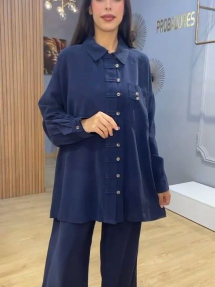 Ensemble Femme avec Pantalon et Chemise Longue - Bleu Marine | Orkidia Fashion