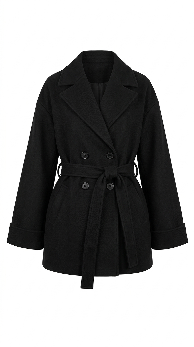 Manteau Femme Noir Court en Laine avec Ceinture Orkidia Fashion