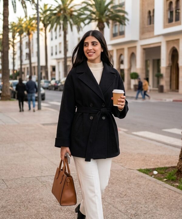 Manteau noir femme look urbain chic à Nador Maroc - Orkidia Fashion