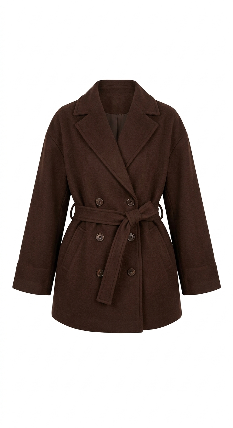 Manteau Femme Marron Court en Laine avec Ceinture Orkidia Fashion