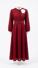 Robe bordeaux col blanc fleur face - Orkidia Fashion Nador