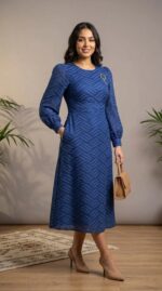Robe femme bleu marine La Pablo à motif vagues et broche bijou Orkidia Fashion Nador Maroc