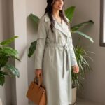 Trench-coat long femme gris vert d'eau Moda Ilter look chic urbain Orkidia Fashion Nador