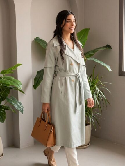 Trench-coat long femme gris vert d'eau Moda Ilter look chic urbain Orkidia Fashion Nador