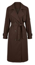 Trench coat femme marron avec ceinture nouée et col tailleur - Vue de face
