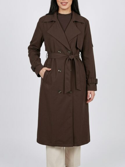 Trench long femme marron chocolat double boutonnage coupe droite studio
