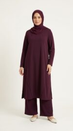Ensemble femme bordeaux 2 pièces tunique longue et pantalon large mastour Orkidia Fashion Nador