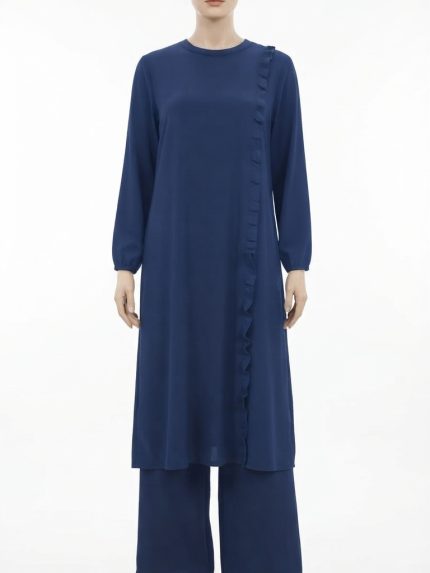 Ensemble femme mastour deux pieces tunique longue a volant et pantalon large fluide disponible en noir bleu et bordeaux Orkidia Fashion Nador
