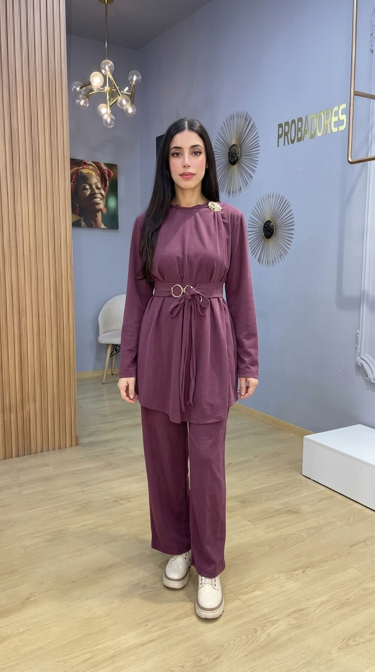 Ensemble femme bordeaux deux pièces avec tunique longue ceinturée boucle dorée et pantalon fluide Orkidia Fashion Nador