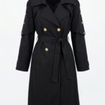 Trench-coat femme noir mi-long croisé face avec ceinture boutons dorés Orkidia Fashion Nador