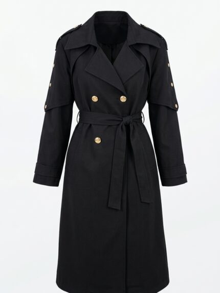 Trench-coat femme noir mi-long croisé face avec ceinture boutons dorés Orkidia Fashion Nador