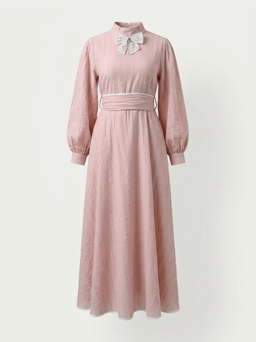 R1 Robe rose pale col montant noeud blanc face - Orkidia Fashion Nador