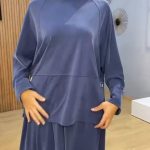 Ensemble femme bleu deux pieces tunique a boucle argentee et jupe longue evasee fluide Orkidia Fashion Nador