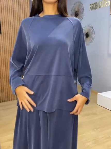 Ensemble femme bleu deux pieces tunique a boucle argentee et jupe longue evasee fluide Orkidia Fashion Nador