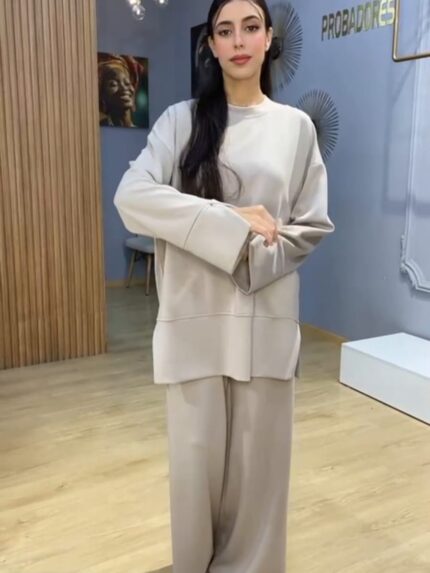 Ensemble femme beige deux pièces avec tunique longue oversize fendue et pantalon large fluide Orkidia Fashion Nador