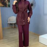 Ensemble Femme 2 Pièces Tunique Longue et Pantalon Fluide Bordeaux | Orkidia Fashion