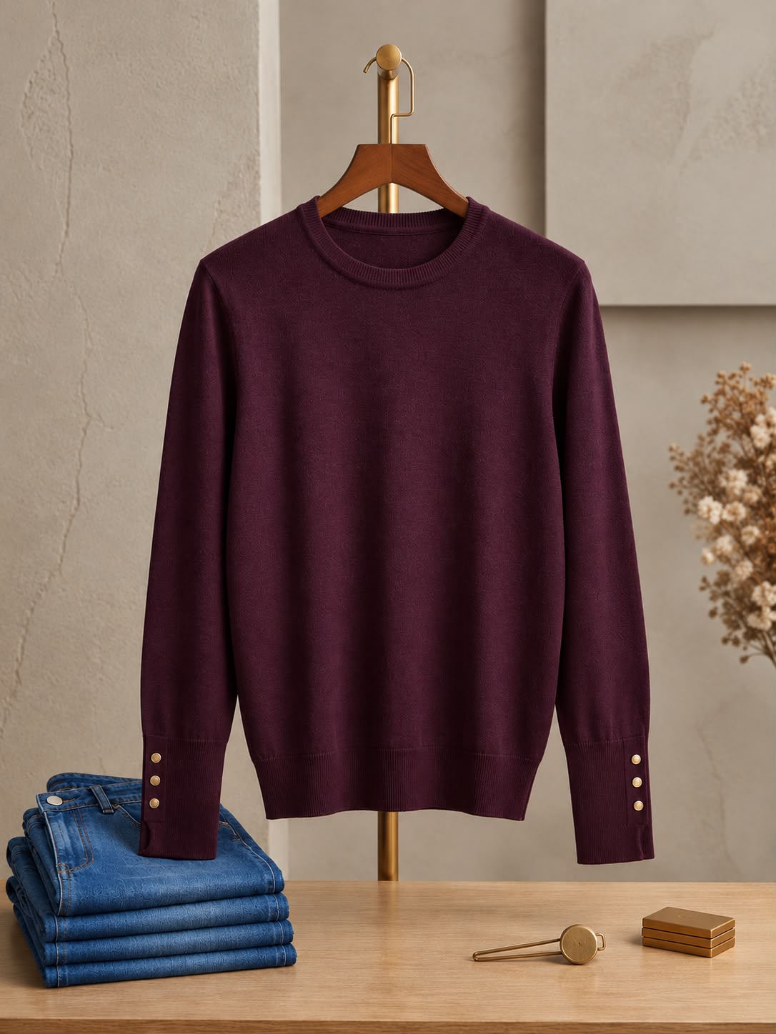 WhatsApp Image 2026-10-21 at 13.17.58 Pull Bordeaux Femme Col Rond en Maille Douce à Boutons Dorés | Orkidia Fashion – Image 1